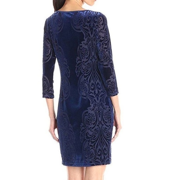 NWT Marina Royal Blue Stretch Velvet Burnout Placement Print Dress Size 18W - Picture 2 of 11